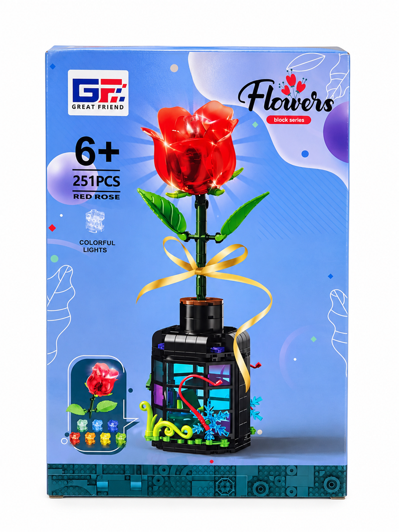 Flor de bloques Armable con Luz en Botella Decorativa - Rosa 251 piezas