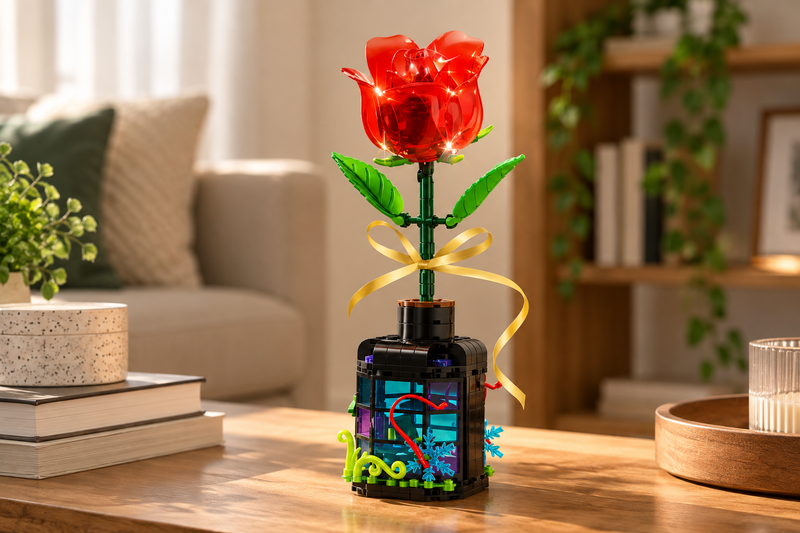 Flor de bloques Armable con Luz en Botella Decorativa - Rosa 251 piezas
