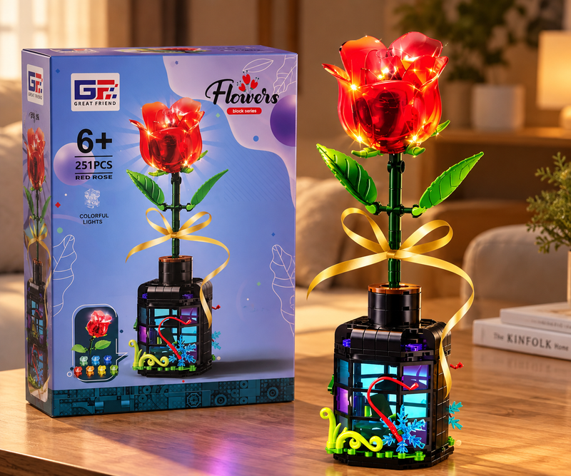 Flor de bloques Armable con Luz en Botella Decorativa - Rosa 251 piezas
