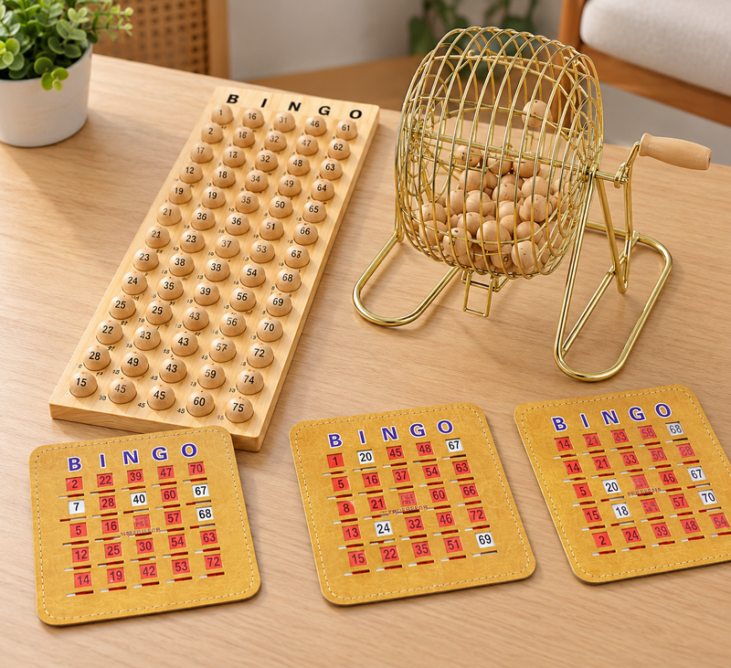 Set de Bingo Premium con Jaula y Tablero de Madera