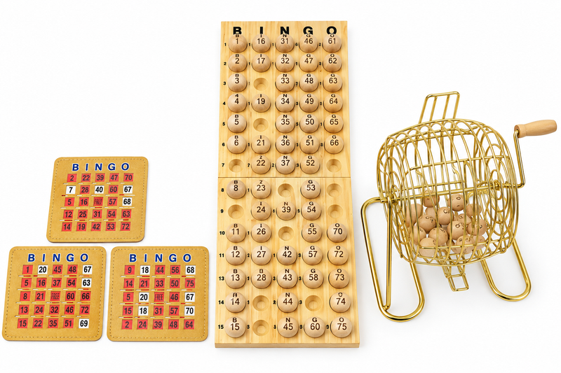 Set de Bingo Premium con Jaula y Tablero de Madera