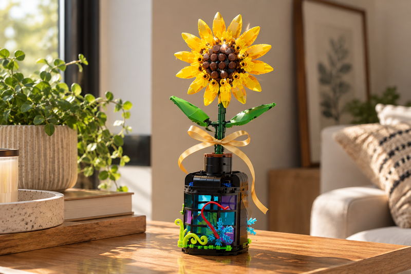 Flor de bloques Armable con Luz en Botella Decorativa - Girasol 323 piezas