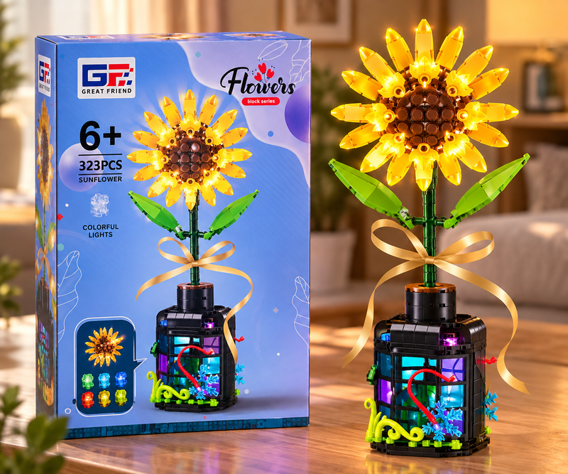 Flor de bloques Armable con Luz en Botella Decorativa - Girasol 323 piezas