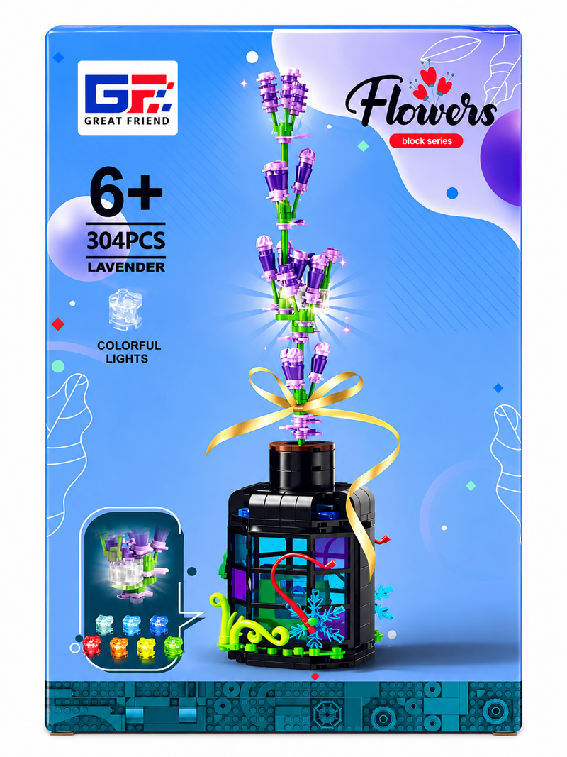Flor de bloques Armable con Luz en Botella Decorativa - Lavanda 304 piezas