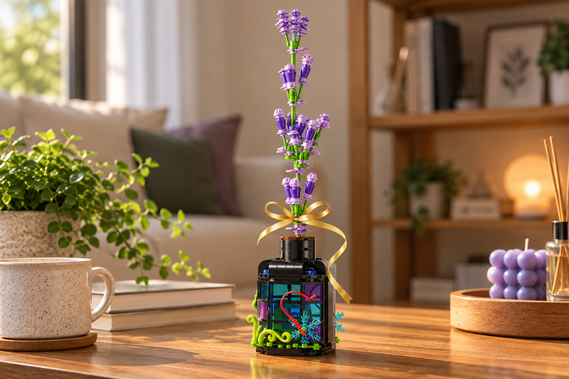 Flor de bloques Armable con Luz en Botella Decorativa - Lavanda 304 piezas