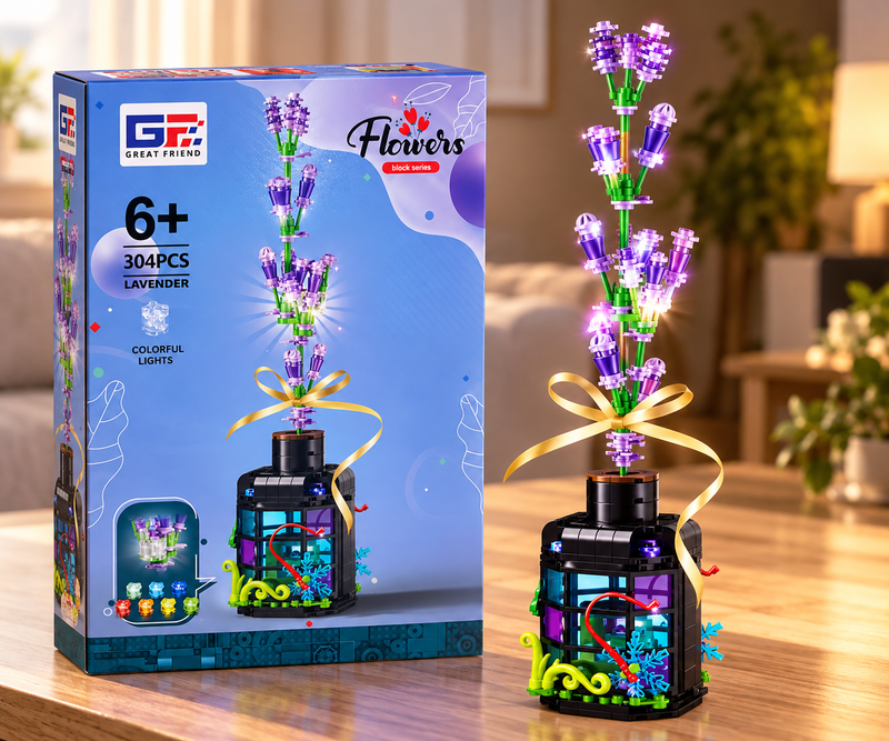 Flor de bloques Armable con Luz en Botella Decorativa - Lavanda 304 piezas