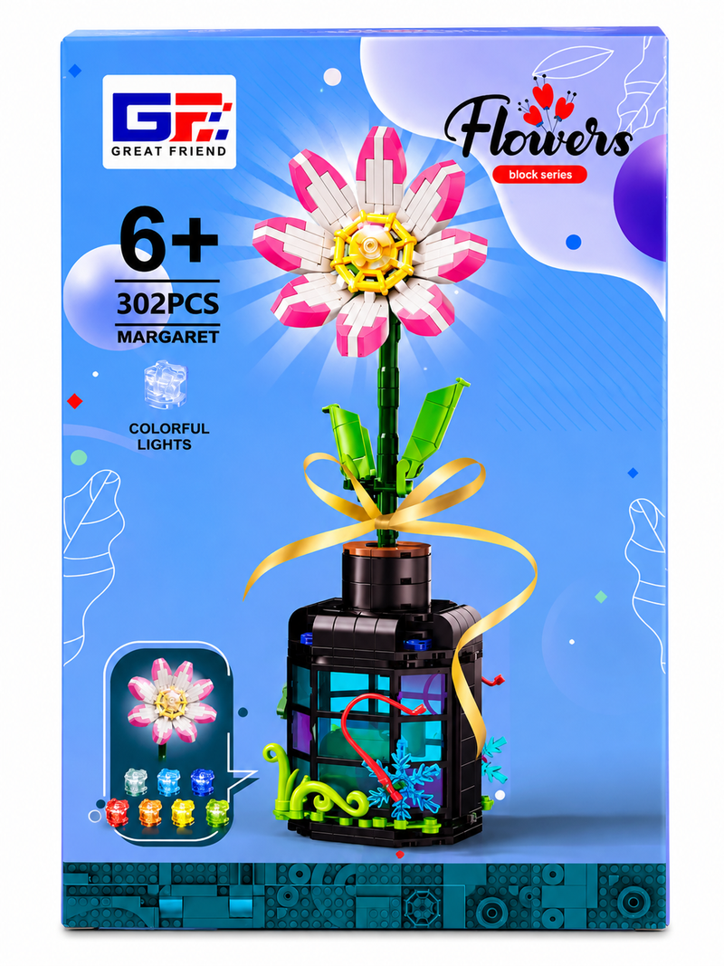 Flor de bloques Armable con Luz en Botella Decorativa - Margarita 302 piezas