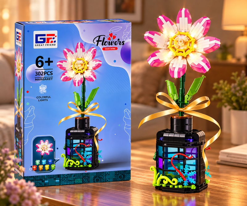 Flor de bloques Armable con Luz en Botella Decorativa - Margarita 302 piezas