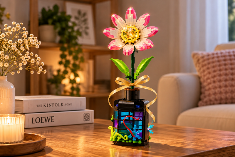 Flor de bloques Armable con Luz en Botella Decorativa - Margarita 302 piezas