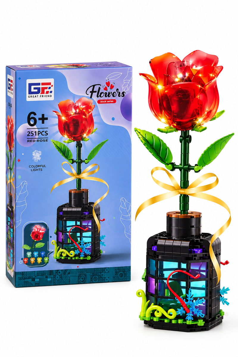 Flor de bloques Armable con Luz en Botella Decorativa - Rosa 251 piezas
